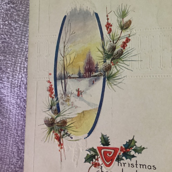 New Vintage Christmas Postcard Auld Lang Syne Winter Scene Pinecones Holly - Picture 3 of 9
